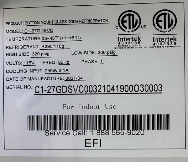 EFI C1-27GDSVC Glass Door Refrigerator - 1 Door - Cosmetic Damage