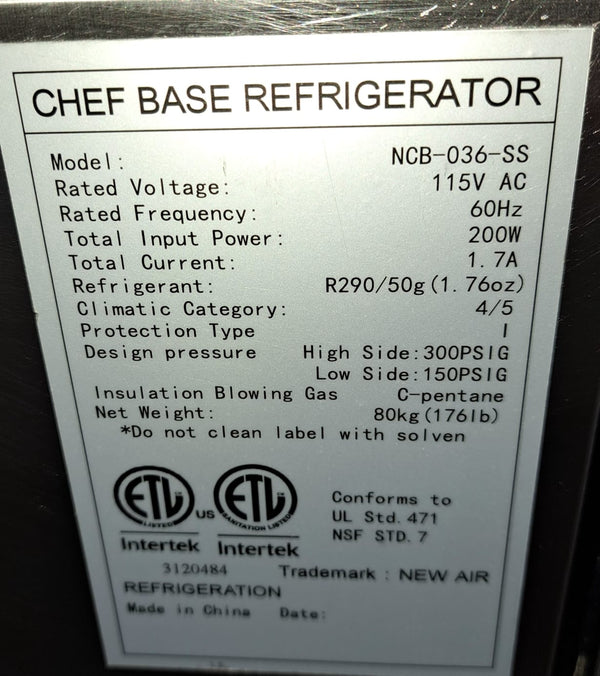 New Air NCB-036-SS Refrigerated Chef Base