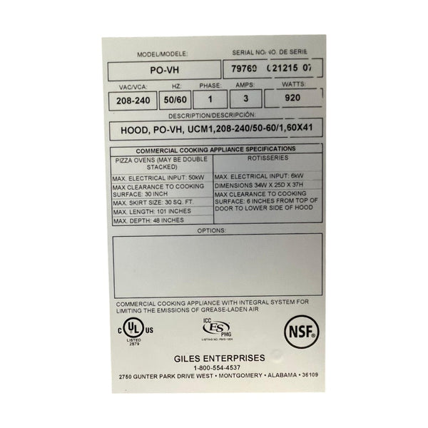 Giles PO-VH Ventless Hood