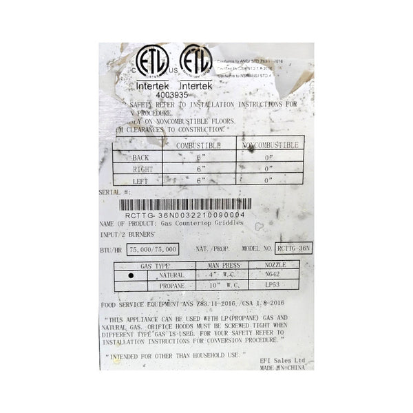 EFI RCTTG-36N Countertop Natural Gas Thermostatic Griddle - 36 Inch