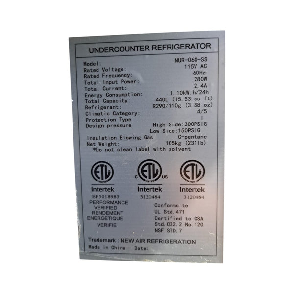 New Air NUR-060-SS Undercounter Refrigerator - 2 Door - 60''