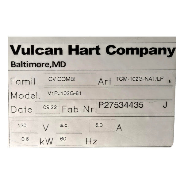 Vulcan V1PJ102G-81 Combi Oven - Natural Gas