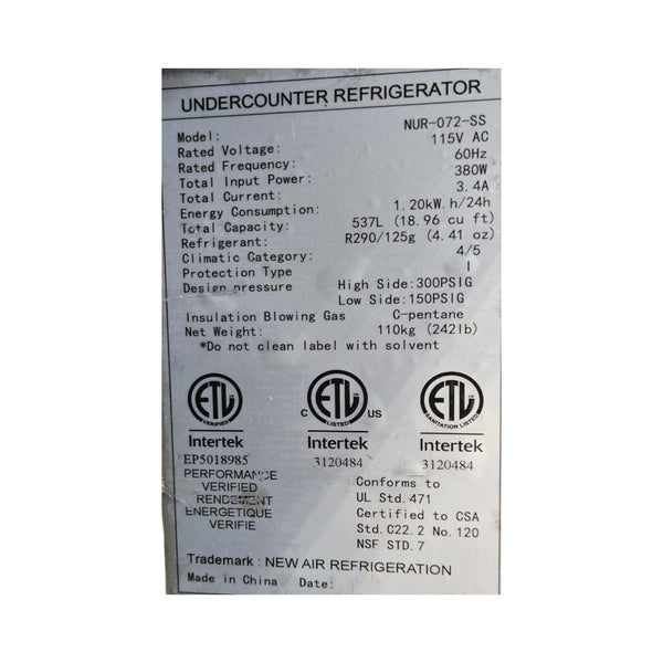 New Air NUR-072-SS Undercounter Refrigerator - 2 Solid Door - 72 Inch