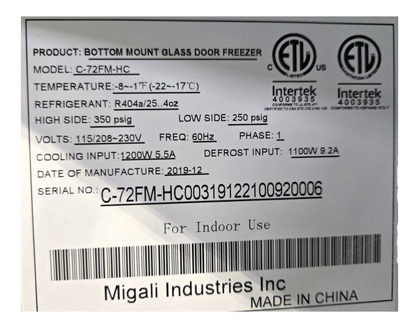 Migali C-72FM-HC Three Glass Door Freezer