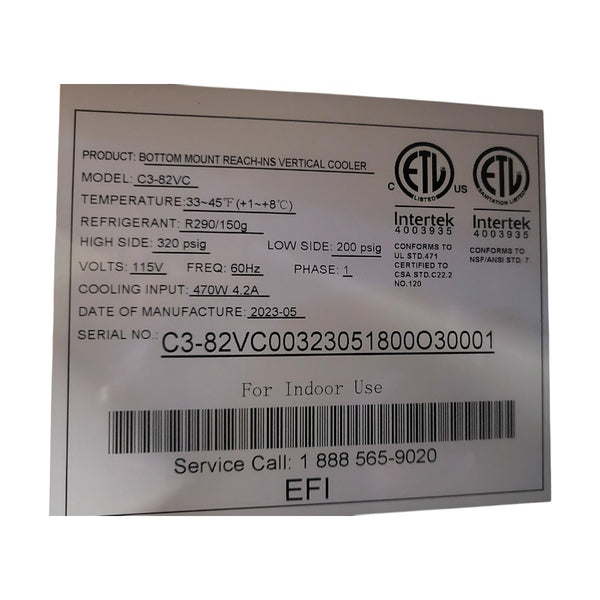 EFI C3-82VC Reach-in Refrigerator - 3 Solid Door