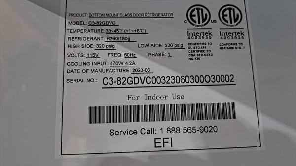 EFI C3-82GDVC Upright Merchandiser Cooler - 3 Glass Door - 82 Inch