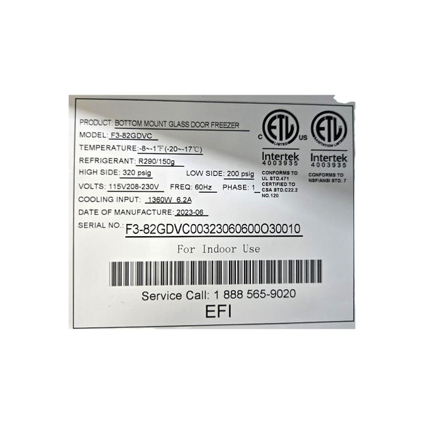 EFI F3-82GDVC Freezer - Merchandiser - 3 Glass Door - Cosmetic Scratches