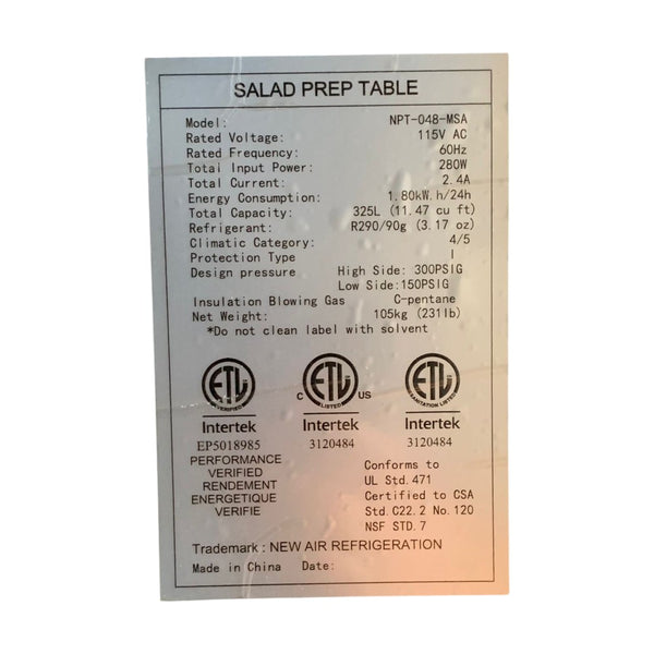 New Air - NPT-048-SA - Refrigerated Megatop Prep Table - 2 Solid Doors - 48 Inch