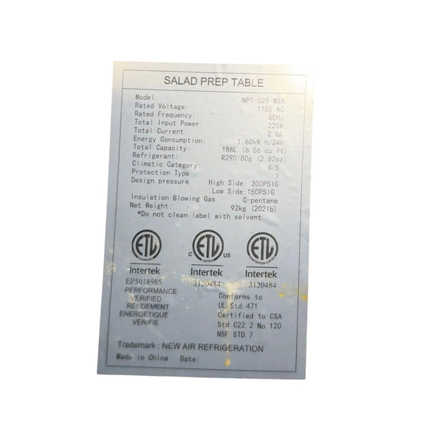 New Air NPT-029-MSA Refrigerated Salad Prep Table - 29''