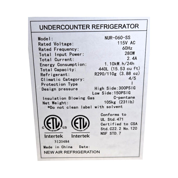 New Air NUR-060-SS Undercounter Refrigerator - 2 Solid Door - 60 Inch