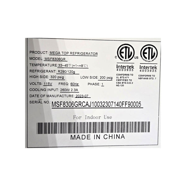 Atosa MSF8306GR Mega Top Refrigerator - 2 Solid Door - With Overshelf