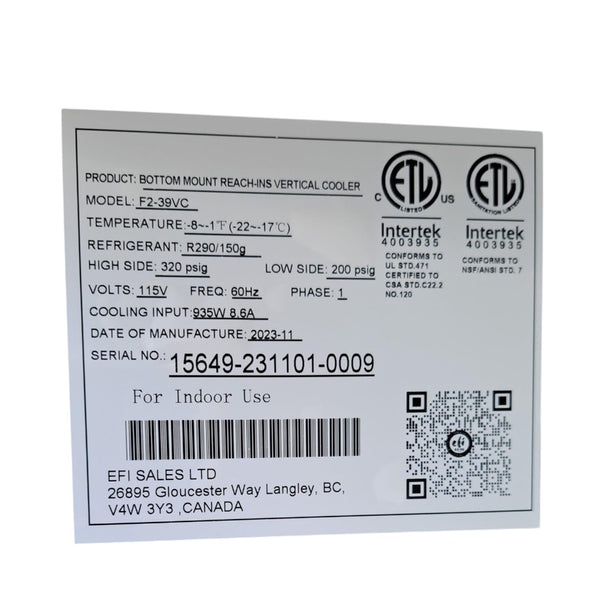 EFI F2-39VC Freezer - 2 Solid Door - 39 Inch