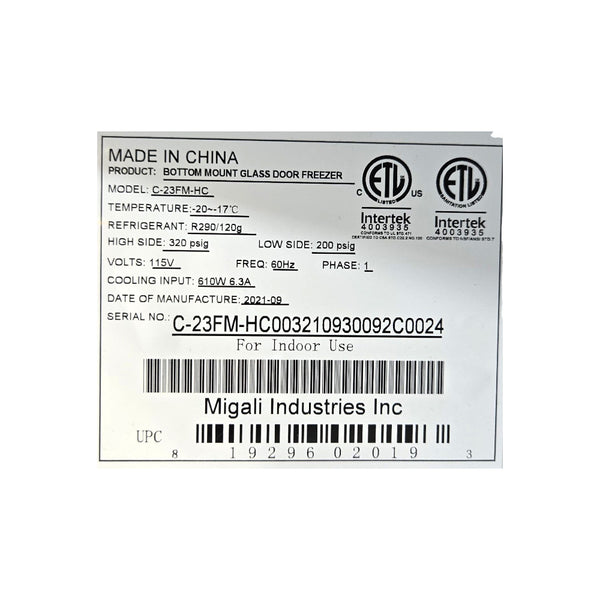 Migali - C-23FM-HC Freezer - 1 Glass Door - Bottom Mount
