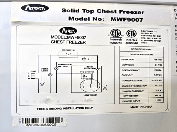 Atosa MWF9007 Chest Freezer