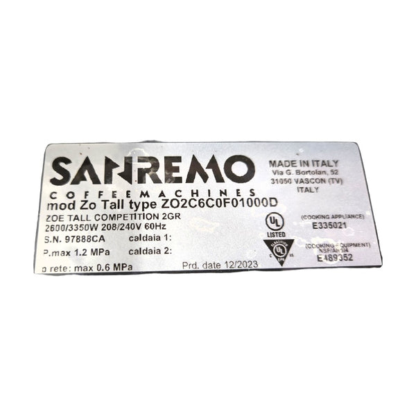 Sanremo Zoe Tall Competition 2 GR Espresso Machine - 2 Group