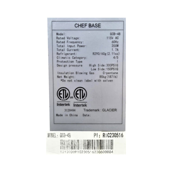 Glacier GCB-48 Refrigerated Chef Base - 2 Drawer - 48 Inch