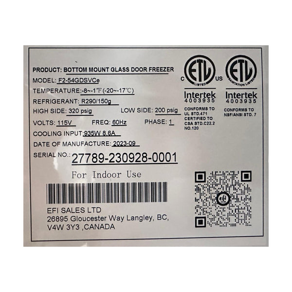EFI - F2-54GDSVC - Freezer - 2 Glass Door - 54 Inch