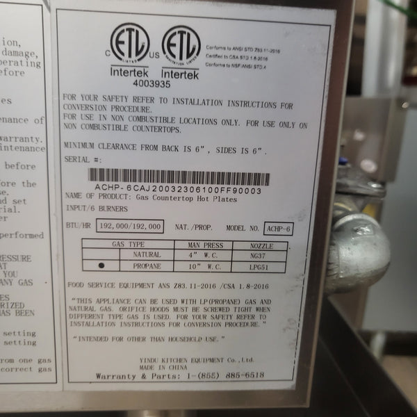 Atosa ACHP-6-LP 6-Burner Heavy Duty Countertop Range