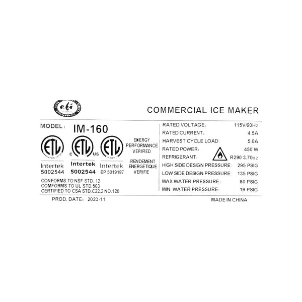 EFI IM-160 Undercounter Ice Maker - 160lbs every 24 hrs
