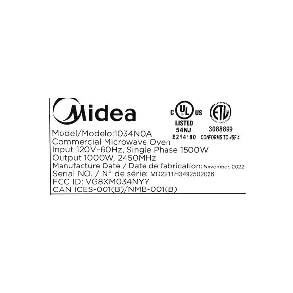 Midea 1034N0A Commercial Microwave Oven