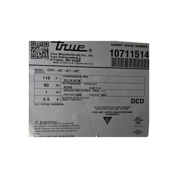 True TPP-AT-67-HC Refrigerated Pizza Prep Table - 2 Solid Door - 68 Inch