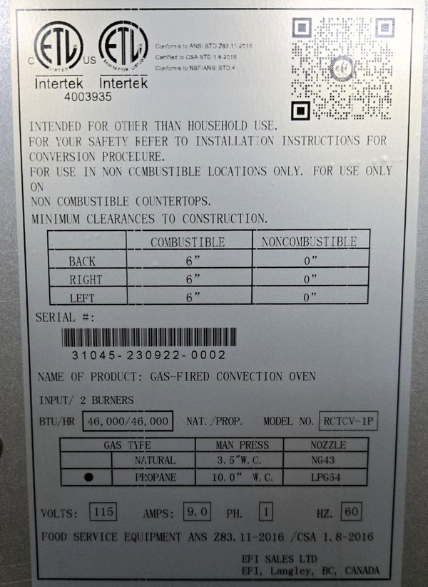 EFI RCTCV-1P Convection Oven - Propane