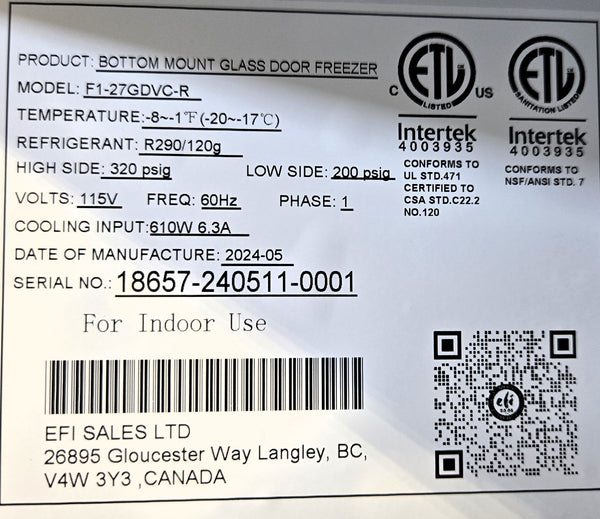 EFI F1-27GDVC Glass Door Freezer