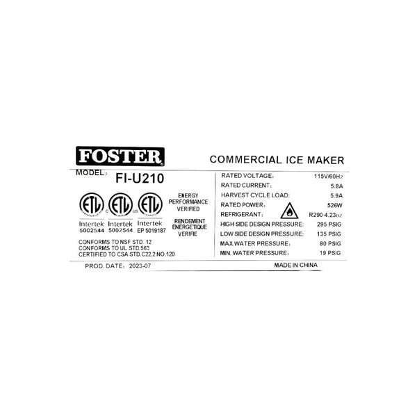 Foster FI-U210 Undercounter Full Cube Ice Maker - 26 Inch