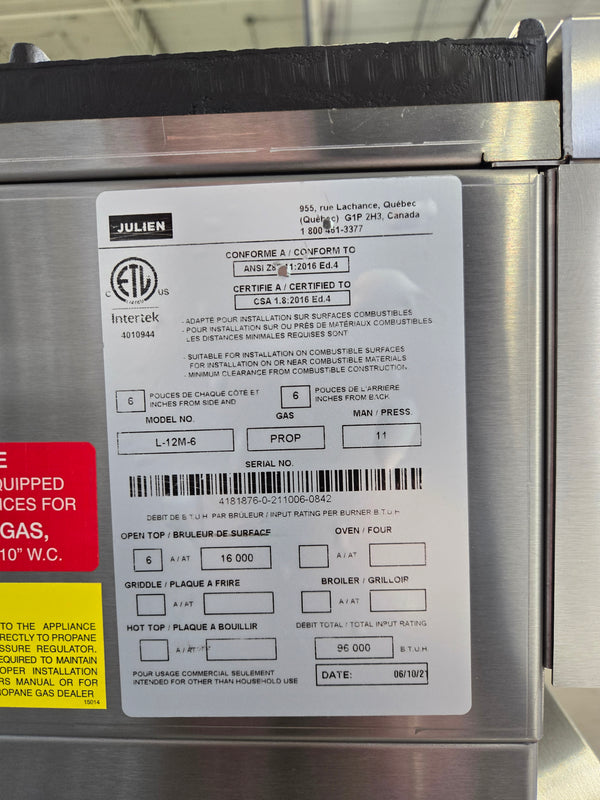Julien L-12M-6 Countertop 6 Burner Stove- Propane