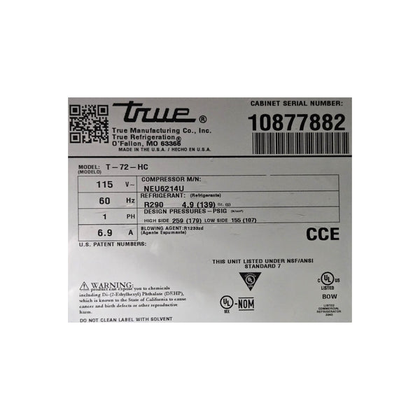 True T-72-HC Upright Refrigerator - 3 Solid Door - 78 Inch