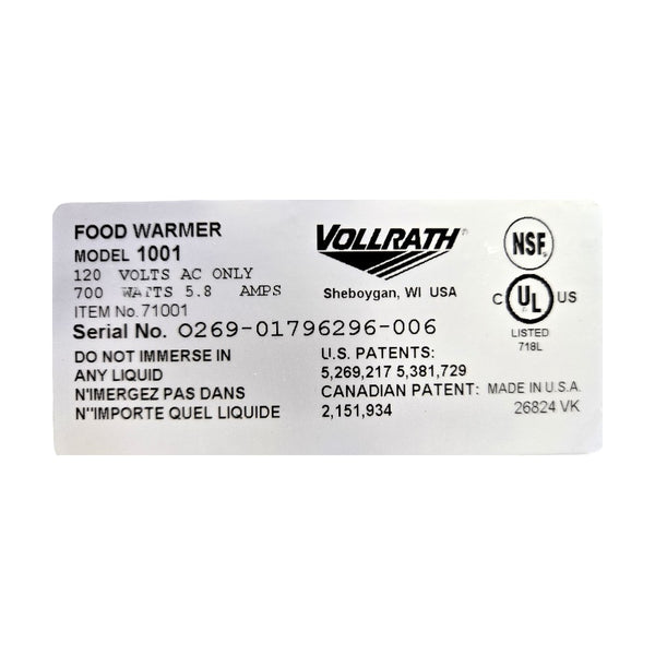 Vollrath 1001 Food Warmer