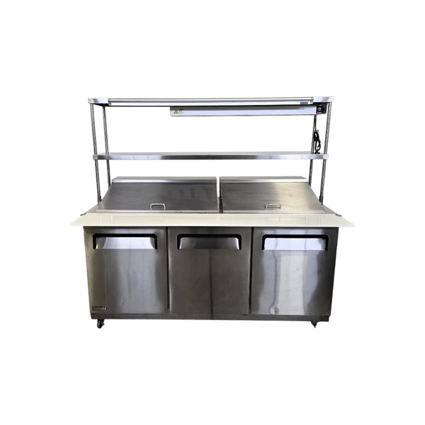 Celcold CMT7230 Megatop Refrigerated Prep Table - 3 Solid Door with Double Overshelf and Heat Lamp - 72 Inch