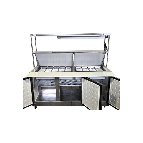 Celcold CMT7230 Megatop Refrigerated Prep Table - 3 Solid Door with Double Overshelf and Heat Lamp - 72 Inch
