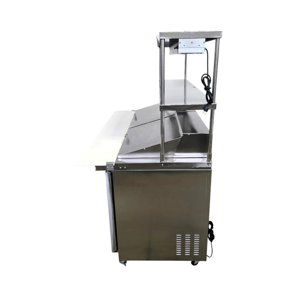 Celcold CMT7230 Megatop Refrigerated Prep Table - 3 Solid Door with Double Overshelf and Heat Lamp - 72 Inch
