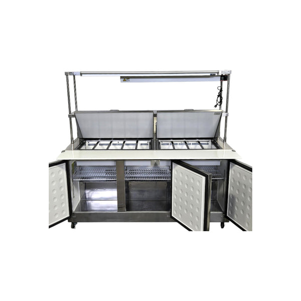 Celcold CMT7230 Megatop Refrigerated Prep Table - 3 Solid Door with Double Overshelf and Heat Lamp - 72 Inch