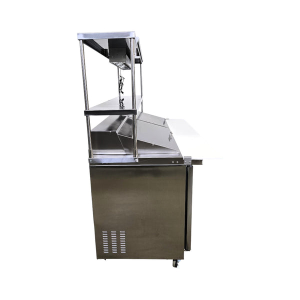 Celcold CMT7230 Megatop Refrigerated Prep Table - 3 Solid Door with Double Overshelf and Heat Lamp - 72 Inch