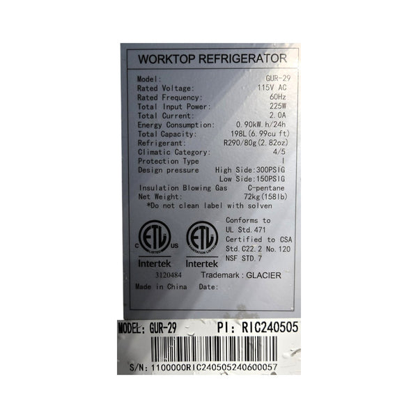 Glacier GUR-29 Refrigerator - Undercounter - 1 Solid Door - 29 Inch