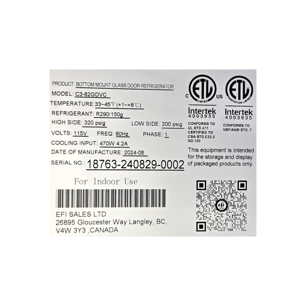 EFI C3-82GDVC Refrigerator - 3 Glass Door
