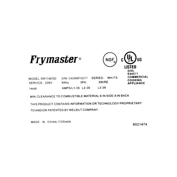 Frymaster SR114ESD Electric Floor Fryer