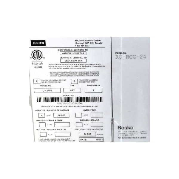 Rosko RO-RCG-24 Hot Plate - Natural Gas - 24 Inch
