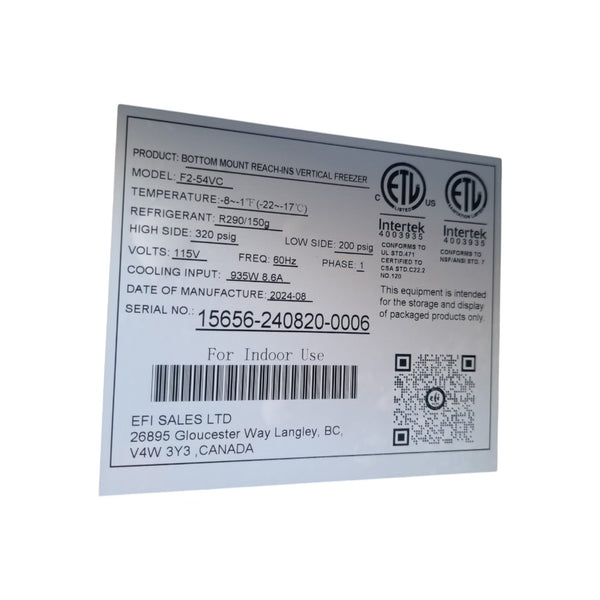 EFI F2-54VC Reach in Freezer - 2 Solid Door - 54 Inch