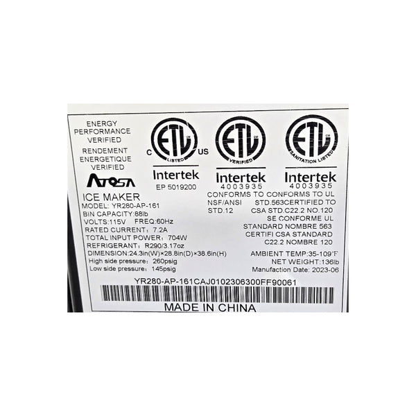 Atosa YR280-AP-161 Undercounter Half-Dice Cube Ice Machine - 283lbs every 24hrs