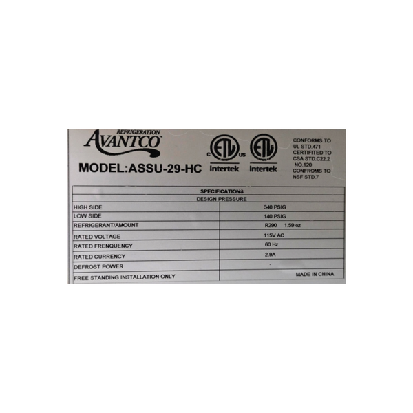 Avantco ASSU-29-HC Refrigerated Prep Table - 1 Solid Door - 29 Inch