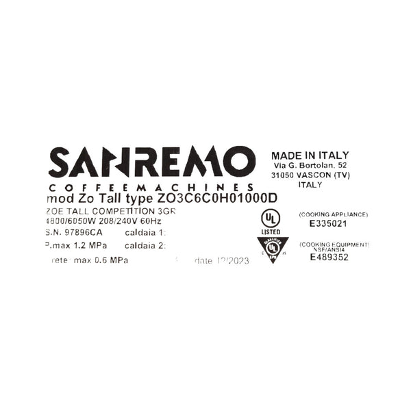 Sanremo ZOE TALL COMPETITION 3GR Espresso Machine 3 Group - Never Used