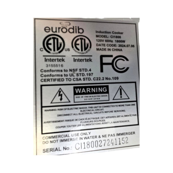 Eurodib CI1800 Induction Cooker - Never Used