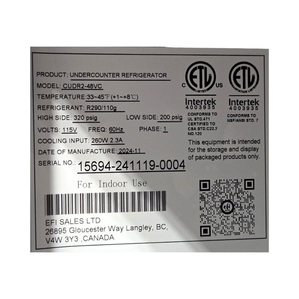 EFI CUDR2-48VC Undercounter Refrigerator