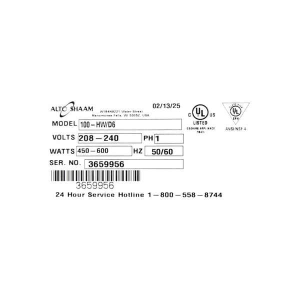 Alto-Shaam 100-HW/D6 Waterless Hot Food Well