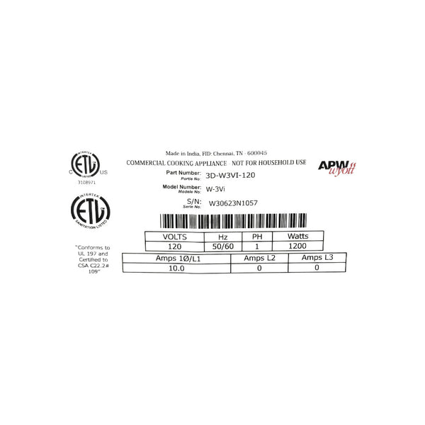 APW Wyott W-3VI Hot Food Well