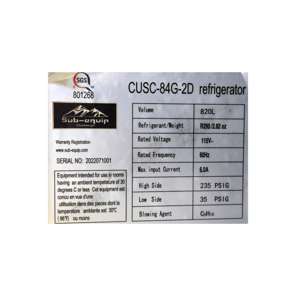 Sub- Equip CUSC-84G-2D Refrigerated Prep Table - 2 Solid Door - 2 Solid Drawers - Sneeze Guard - 84 Inch