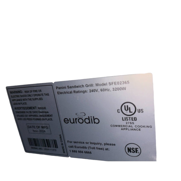 Eurodib SFE02365 Double Groved Sandwich Grill - 10 Inch